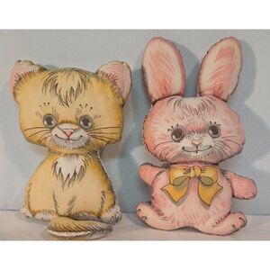 Vintage Printed Stuffed Bunny and Kitty Pillow Dolls Set of 2